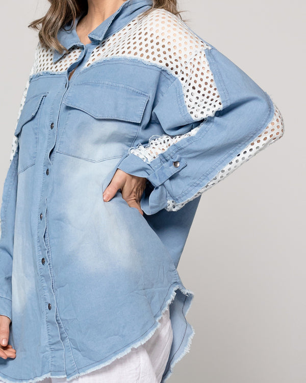 Camisa Mujer Lavinia Oversize Con Detalle Calado Celeste Lineatre
