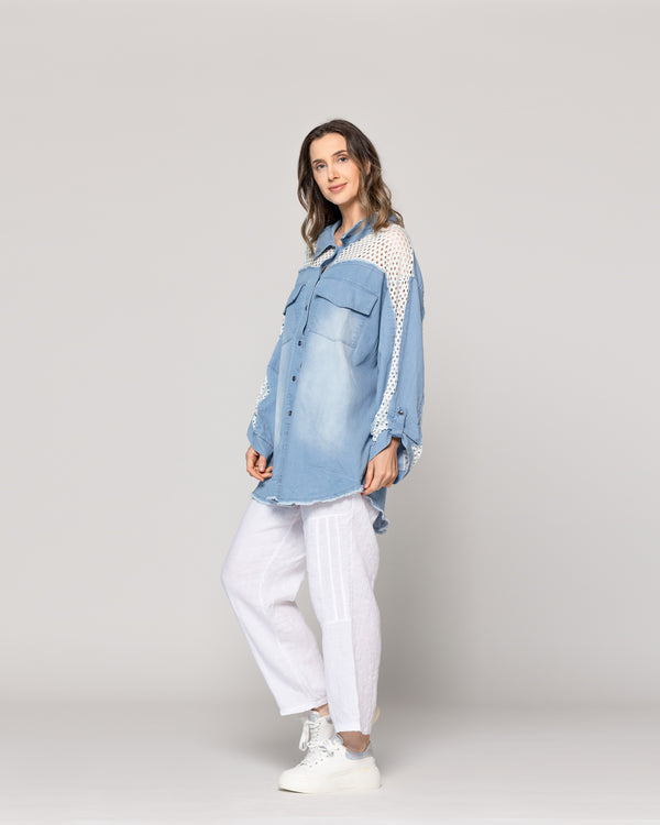 Camisa Mujer Lavinia Oversize Con Detalle Calado Celeste Lineatre