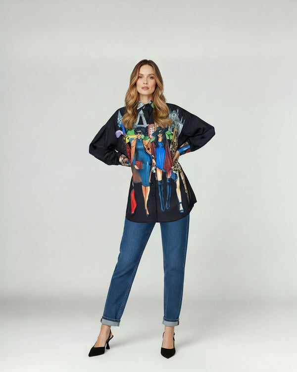 Blusa Mujer Claudia Relaxed Cuello tipo camisa Manga larga con puño recto Negro Lineatre