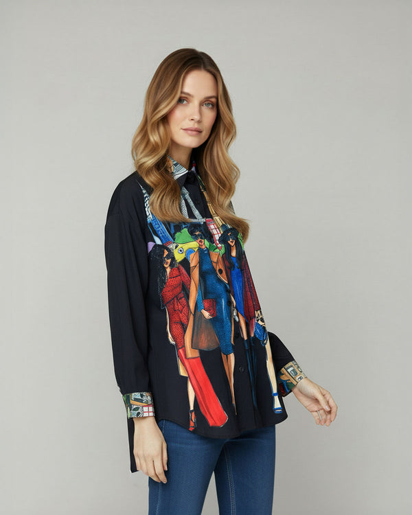 Blusa Mujer Claudia Relaxed Cuello tipo camisa Manga larga con puño recto Negro Lineatre