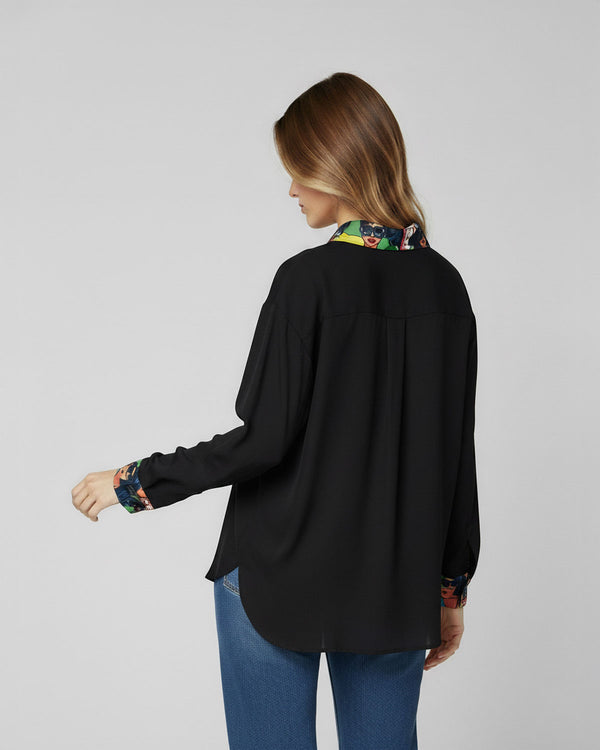 Blusa Mujer Claudia Relaxed Cuello tipo camisa Manga larga con puño recto Negro Lineatre