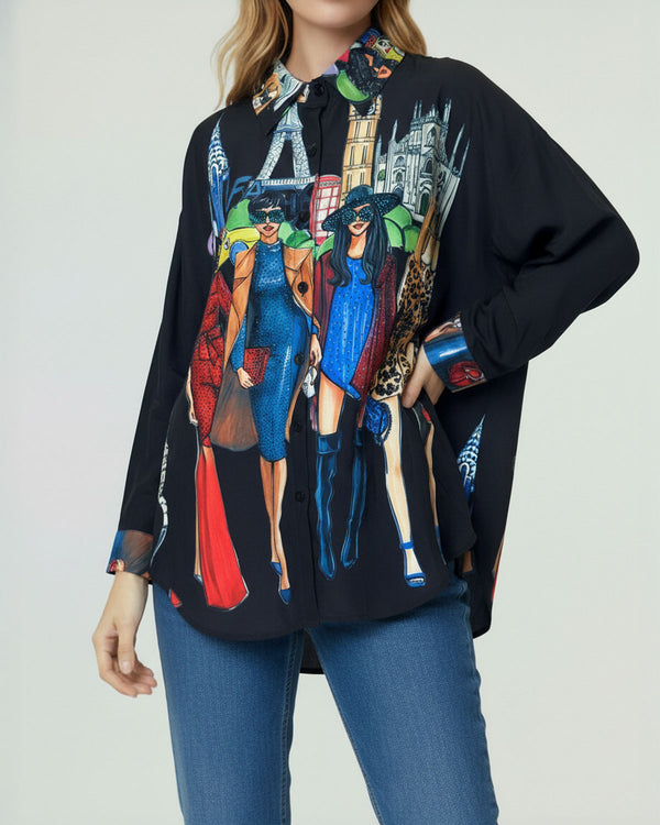 Blusa Mujer Claudia Relaxed Cuello tipo camisa Manga larga con puño recto Negro Lineatre