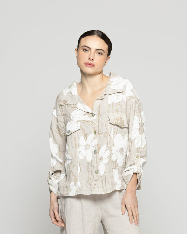 Chaqueta Mujer Carmen De Lino Con Estampado Floral Beige Lineatre