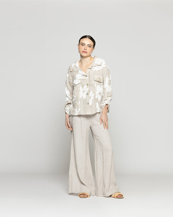 Chaqueta Mujer Carmen De Lino Con Estampado Floral Beige Lineatre