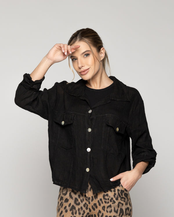 Chaqueta Mujer Chiara De Lino Con Bolsillos Negra Lineatre