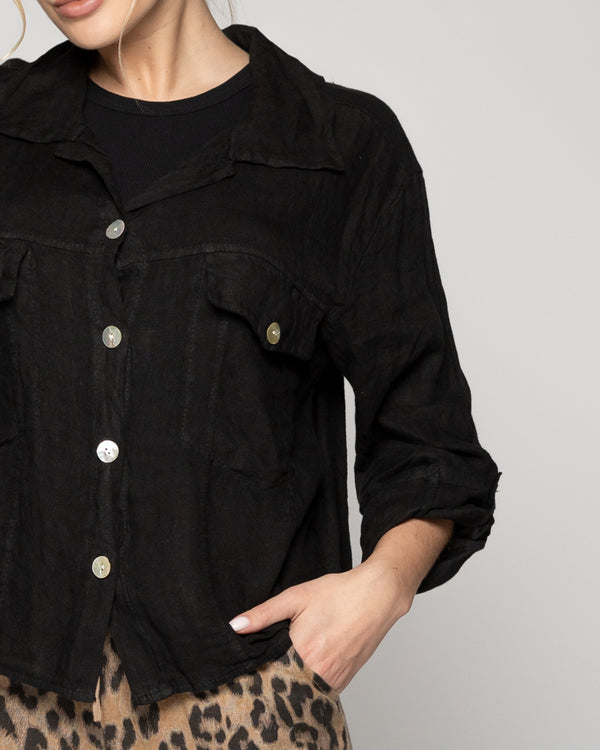 Chaqueta Mujer Chiara De Lino Con Bolsillos Negra Lineatre