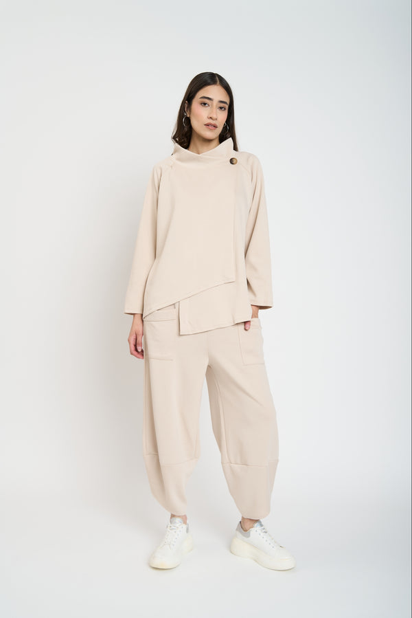 Pantalón Mujer Inés Largo 3/4 Tiro Alto Beige Lineatre