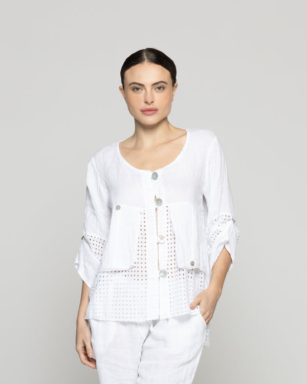 Chaqueta Mujer Celestina De Lino Con Botones Y Detalles Calados Blanca Lineatre
