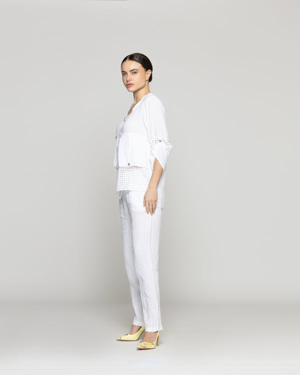 Chaqueta Mujer Celestina De Lino Con Botones Y Detalles Calados Blanca Lineatre