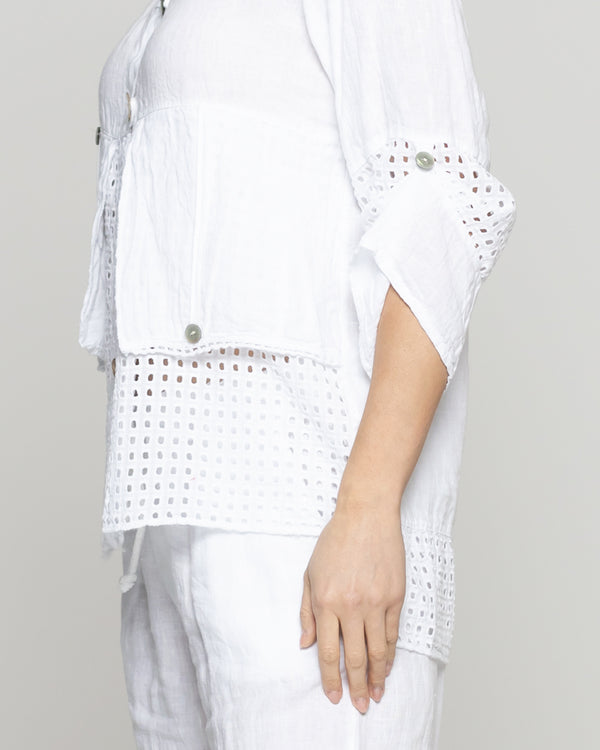 Chaqueta Mujer Celestina De Lino Con Botones Y Detalles Calados Blanca Lineatre