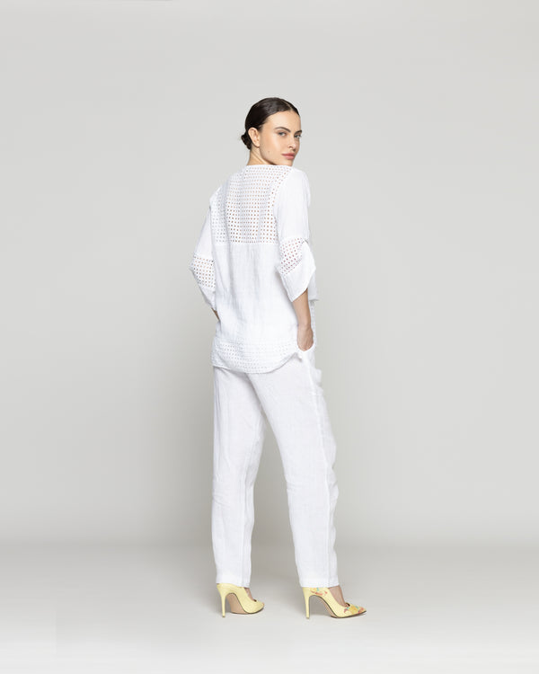 Chaqueta Mujer Celestina De Lino Con Botones Y Detalles Calados Blanca Lineatre