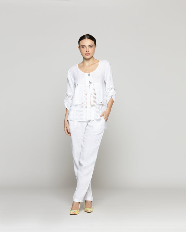 Chaqueta Mujer Celestina De Lino Con Botones Y Detalles Calados Blanca Lineatre