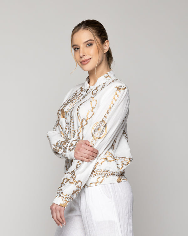 Chaqueta Mujer Bomber Constanza Blanca Con Diseño De Cadenas Doradas Lineatre