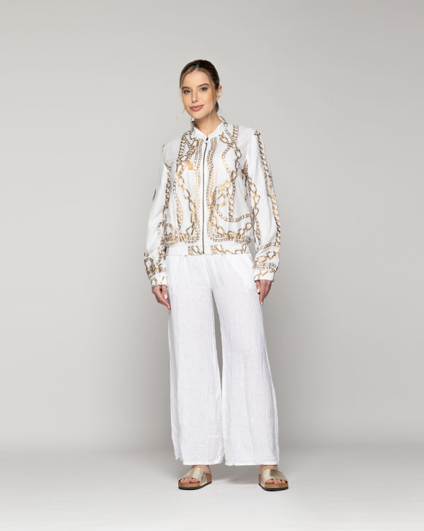 Chaqueta Mujer Bomber Constanza Blanca Con Diseño De Cadenas Doradas Lineatre