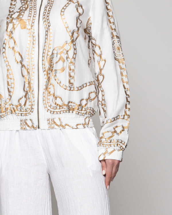 Chaqueta Mujer Bomber Constanza Blanca Con Diseño De Cadenas Doradas Lineatre