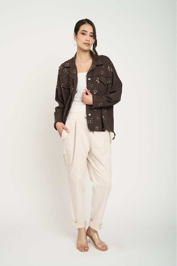 Chaqueta de Denim Chocolate con Bordado Floral