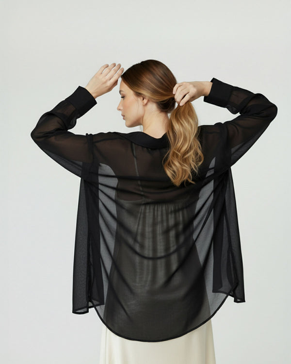 Spolverino Mujer Livia Relaxed fit Solapa Manga amplia y translúcida sin puño Negro Lineatre