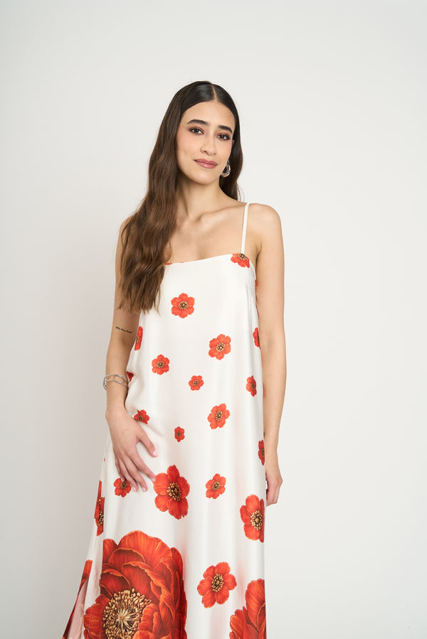 Vestido Mujer Flores Amapolas Blanco Lineatre