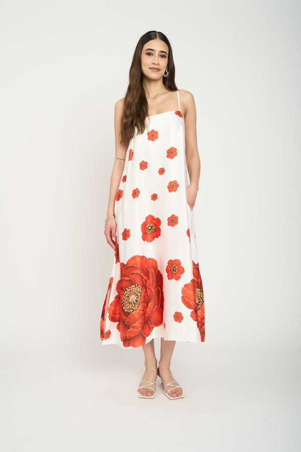 Vestido Mujer Flores Amapolas Blanco Lineatre