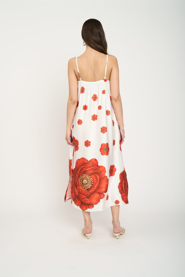 Vestido Mujer Flores Amapolas Blanco Lineatre