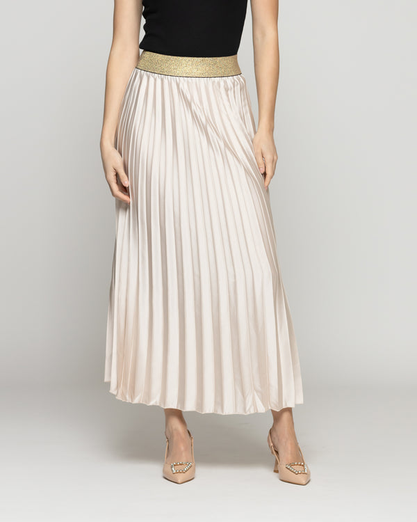 Falda Mujer Fiona Plisada Satinada Beige Con Pretina Dorada Lineatre