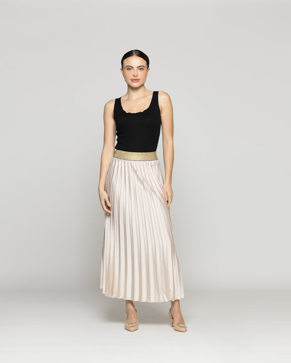 Falda Mujer Fiona Plisada Satinada Beige Con Pretina Dorada Lineatre