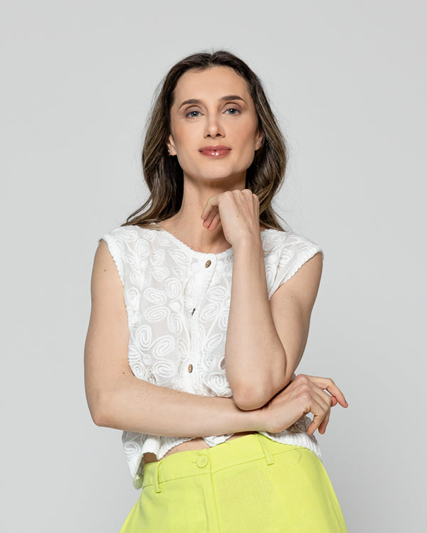 Gillet Mujer Isabella De Algodón Tejida Estilo Crochet Blanca Lineatre