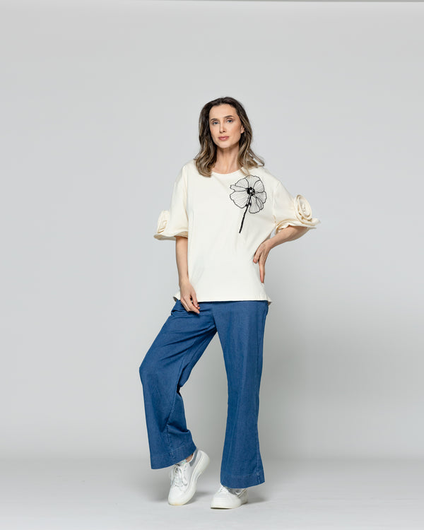 Polera Mujer Olenka Bordado Floral Y Mangas Con Vuelos Lineatre