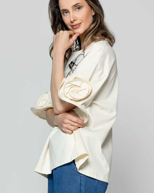 Polera Mujer Olenka Bordado Floral Y Mangas Con Vuelos Lineatre