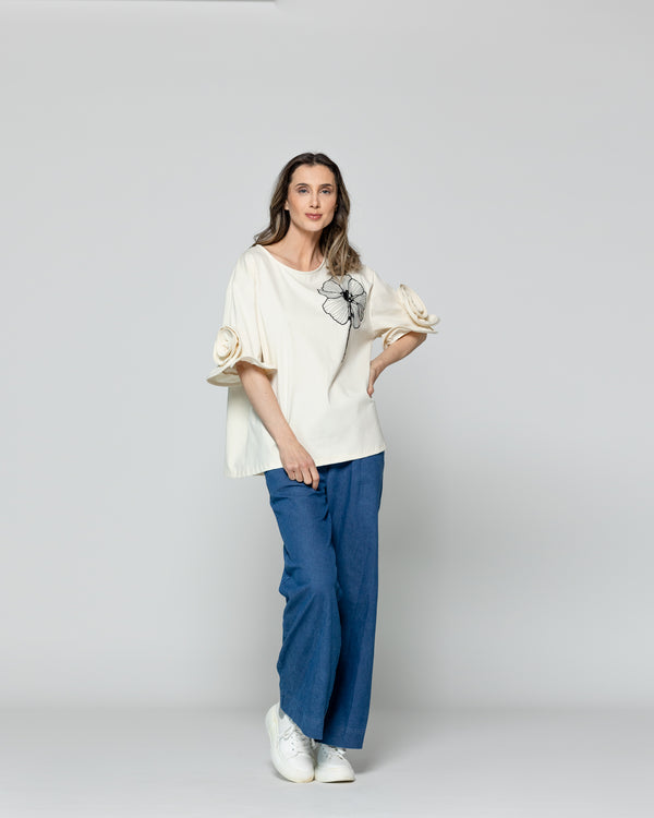 Polera Mujer Olenka Bordado Floral Y Mangas Con Vuelos Lineatre