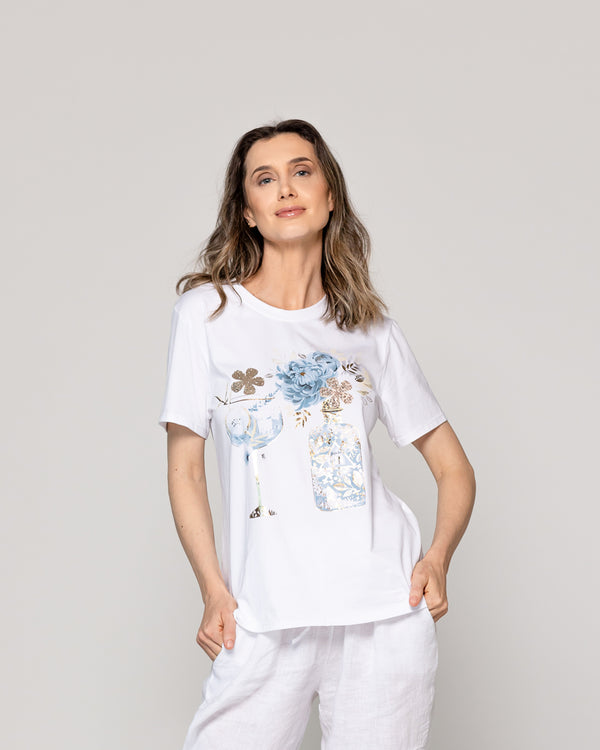 Polera Mujer Otilia Básica Estampado Gin Detalles Metálicos Blanca Lineatre