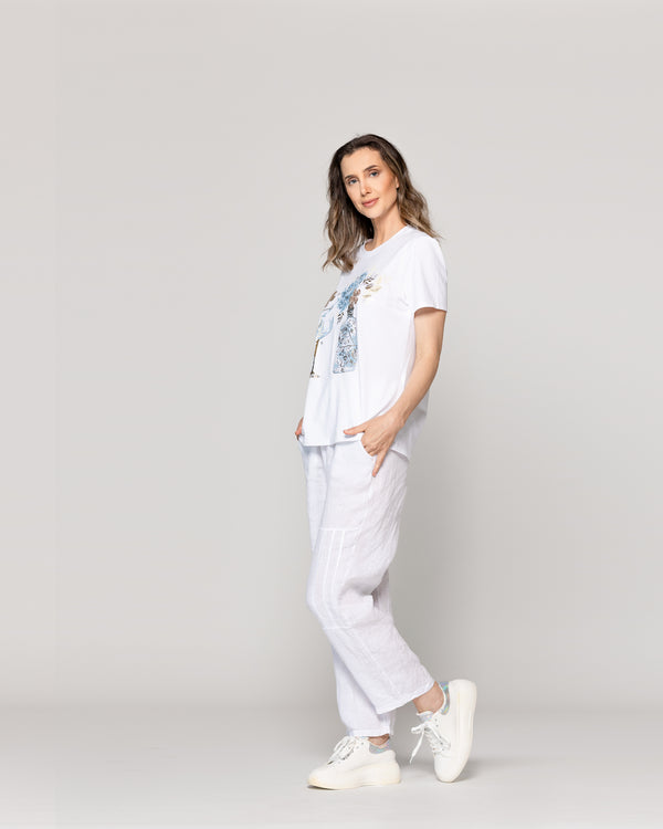 Polera Mujer Otilia Básica Estampado Gin Detalles Metálicos Blanca Lineatre