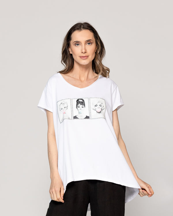 Polera Mujer Odelia Estampado Íconos Retro Blanca Lineatre