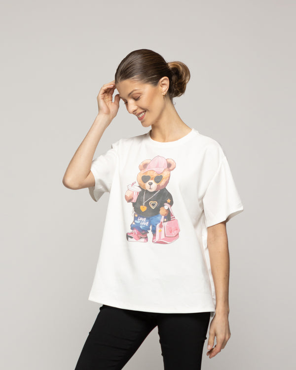 Polera Mujer Orlanda Estampado Oso Blanca Lineatre