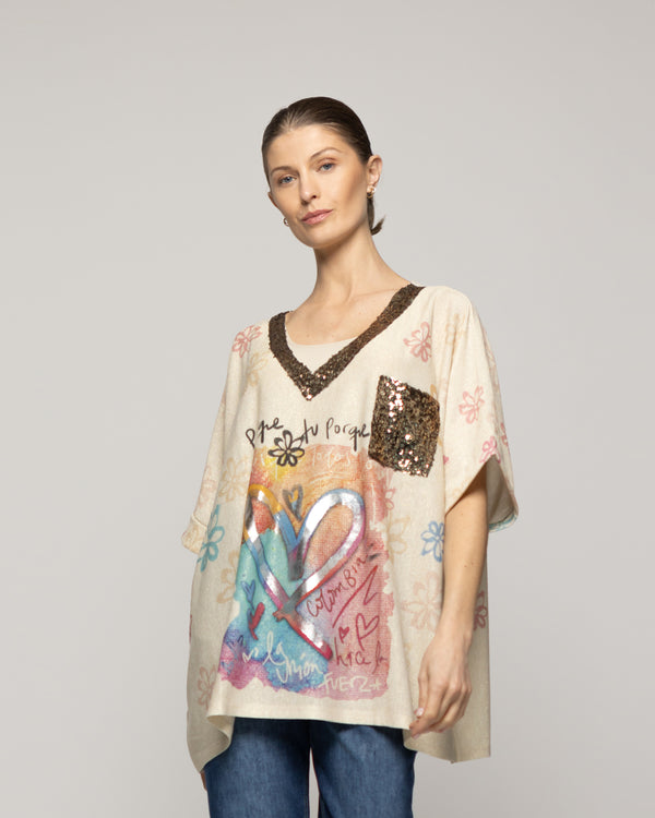 Polera Mujer Orazia Estampado Corazón Beige Lineatre
