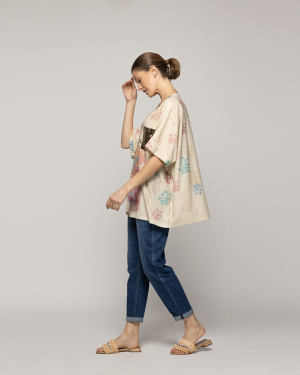 Polera Mujer Orazia Estampado Corazón Beige Lineatre