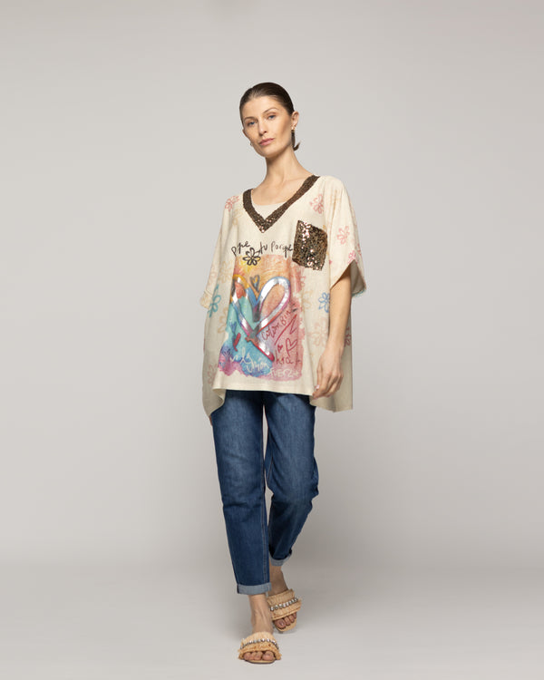 Polera Mujer Orazia Estampado Corazón Beige Lineatre