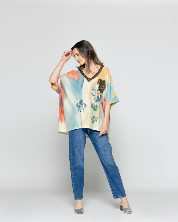 Polera Mujer Orazia Estampado Flores Beige Lineatre