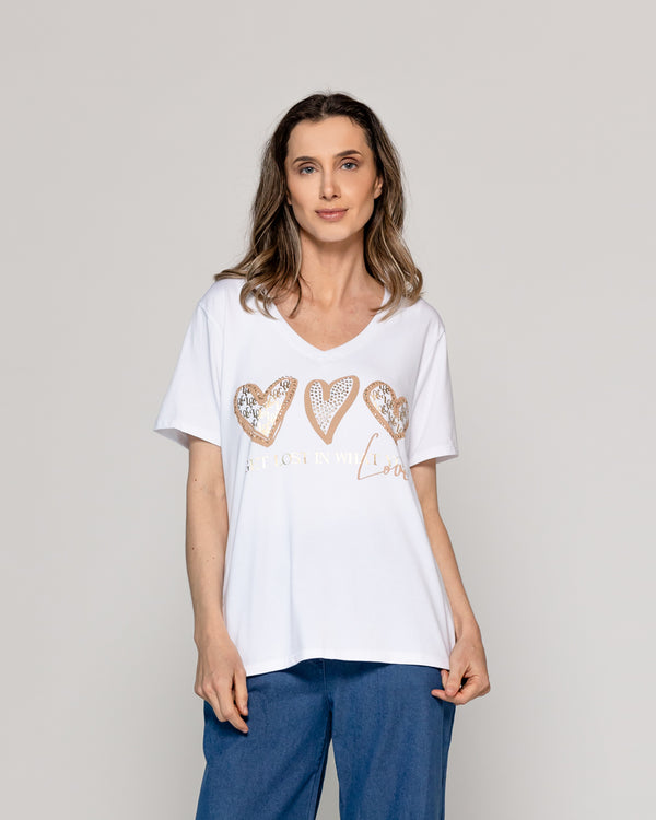Polera Mujer Orlena Básica Estampado Corazones Blanca Lineatre