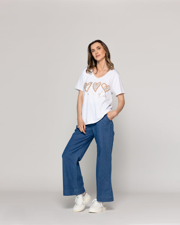 Polera Mujer Orlena Básica Estampado Corazones Blanca Lineatre