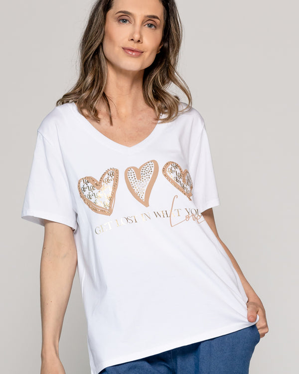 Polera Mujer Orlena Básica Estampado Corazones Blanca Lineatre