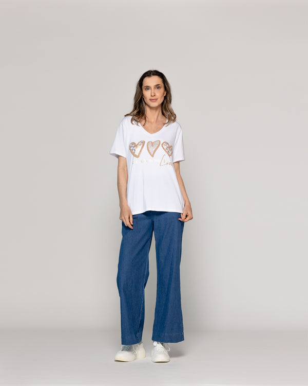Polera Mujer Orlena Básica Estampado Corazones Blanca Lineatre