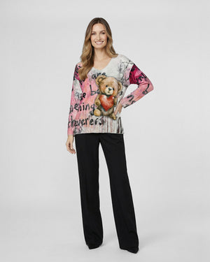 Polera Mujer Palmira Regular Cuello en V Manga larga Crudo oso Lineatre