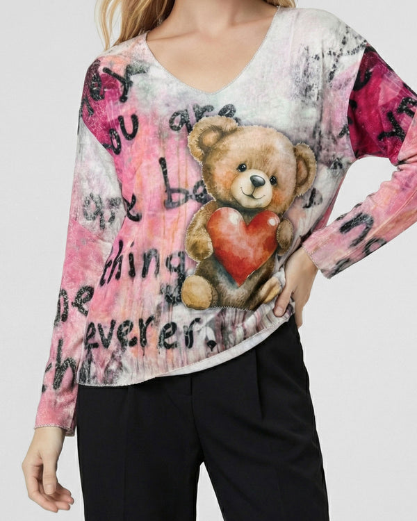 Polera Mujer Palmira Regular Cuello en V Manga larga Crudo oso Lineatre