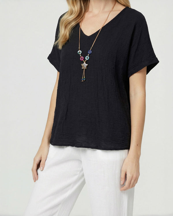 Polera Mujer Clarissa Relaxed Cuello en V Manga corta Negro Lineatre