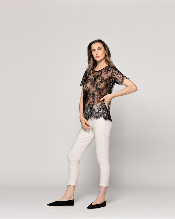 Polera Mujer Oria Encaje Manga Corta Negra Lineatre