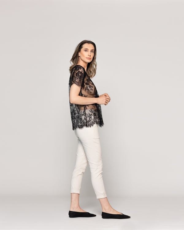 Polera Mujer Oria Encaje Manga Corta Negra Lineatre