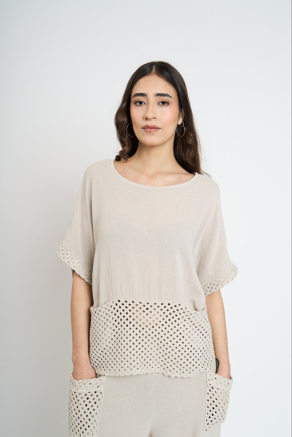 Polera Mujer Irene Manga corta Beige Lineatre