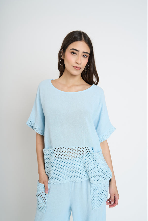 Polera Mujer Irene Manga corta Cielo Lineatre