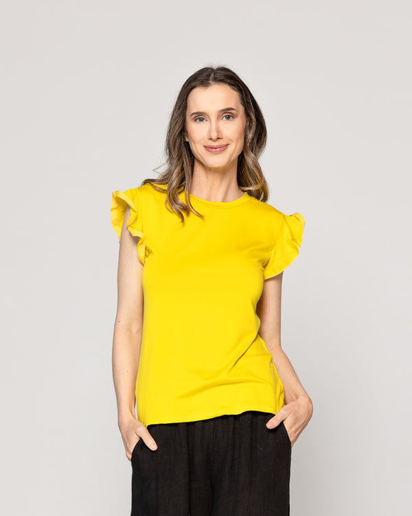 Polera Mujer Básica Ondina Manga Corta Con Volantes Amarilla Lineatre